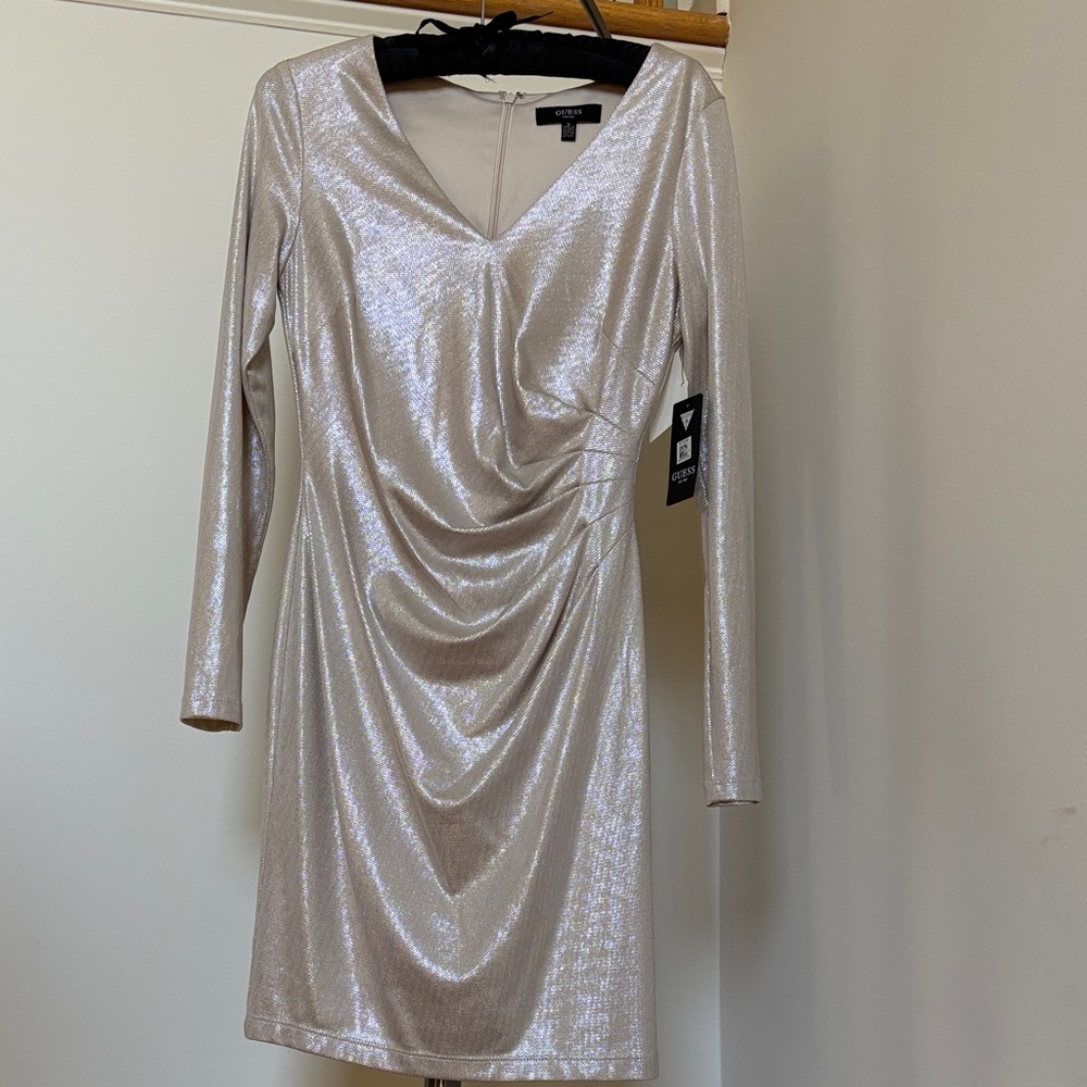 Guess Shimmering Silver Long Sleeve Dress